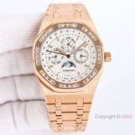 Swiss Replica Audemars Piguet Royal Oak Perpetual Calendar Rose Gold Grand Tapiserrie dial with Diamond Bezel